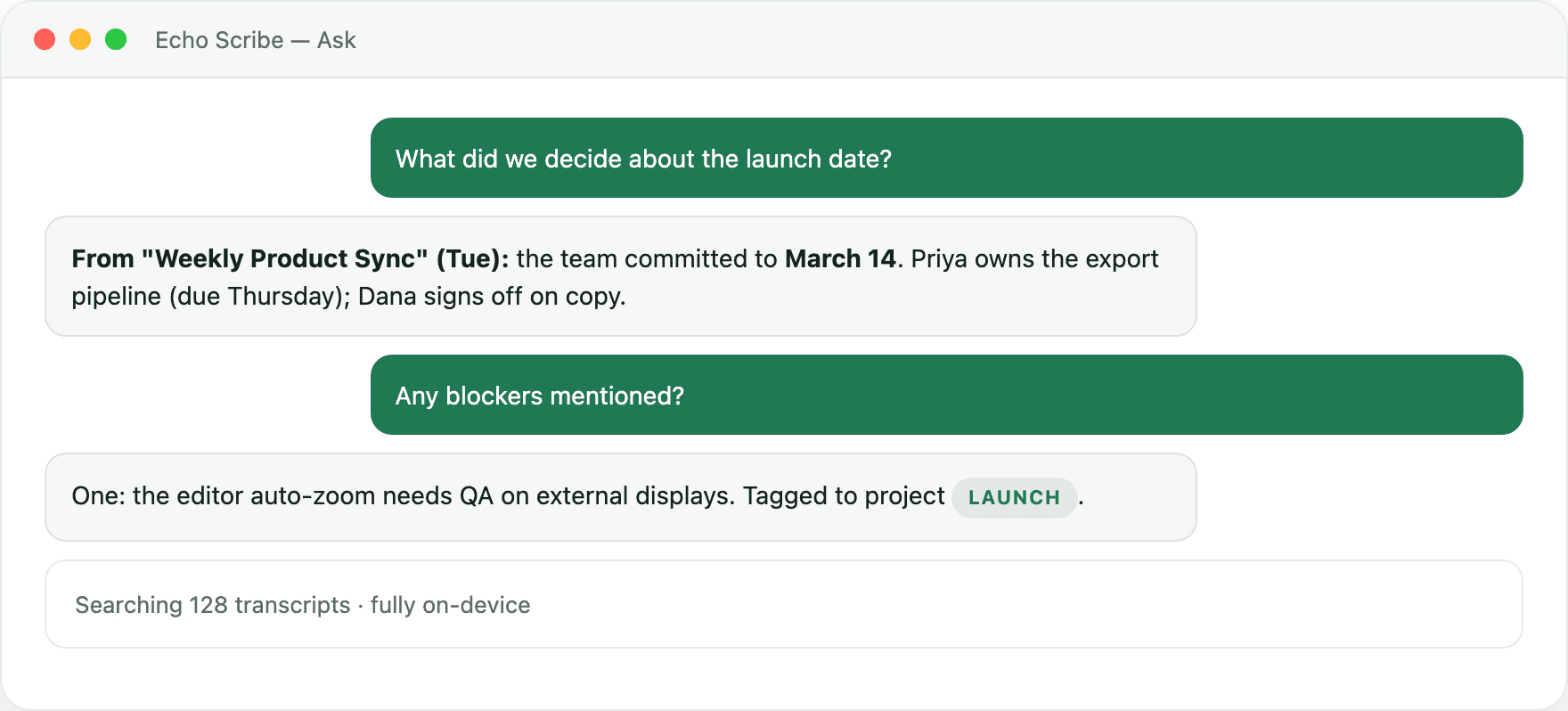 Echo Scribe chat interface answering a question from meeting history