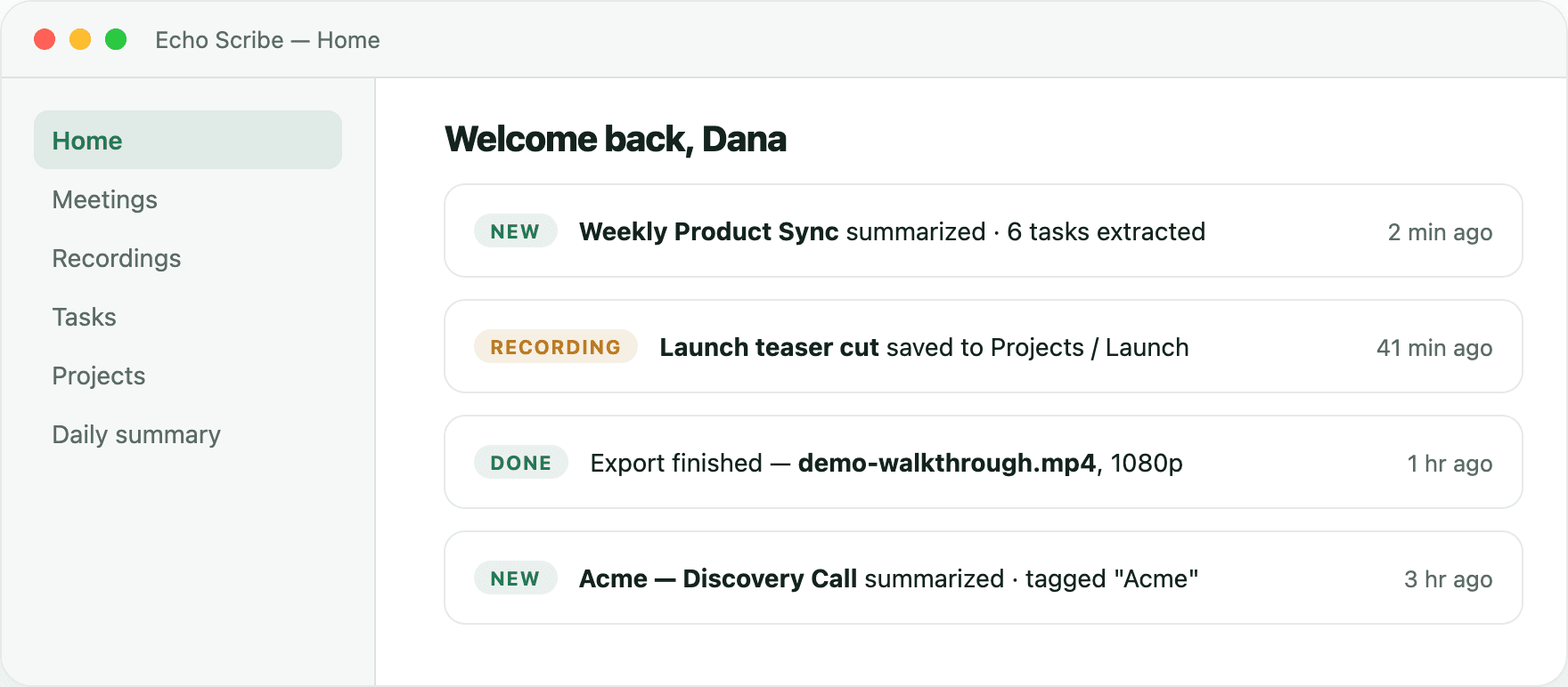 Echo Scribe dashboard with recent activity and follow-ups