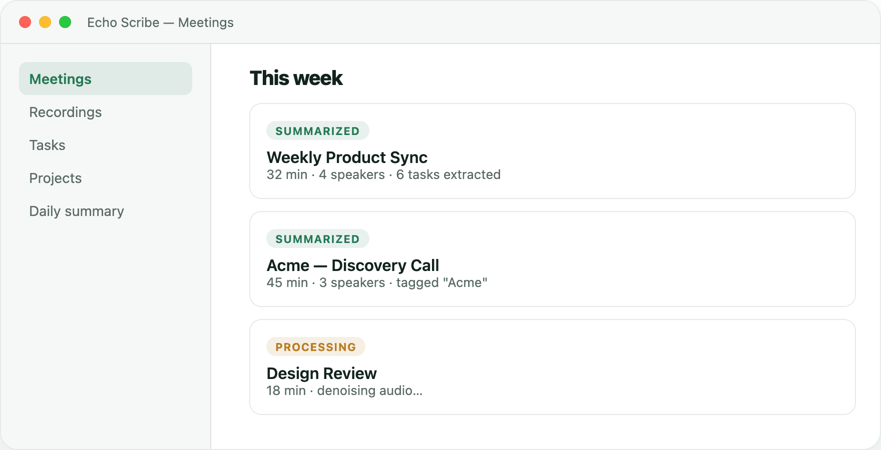 Echo Scribe meetings list organized by project