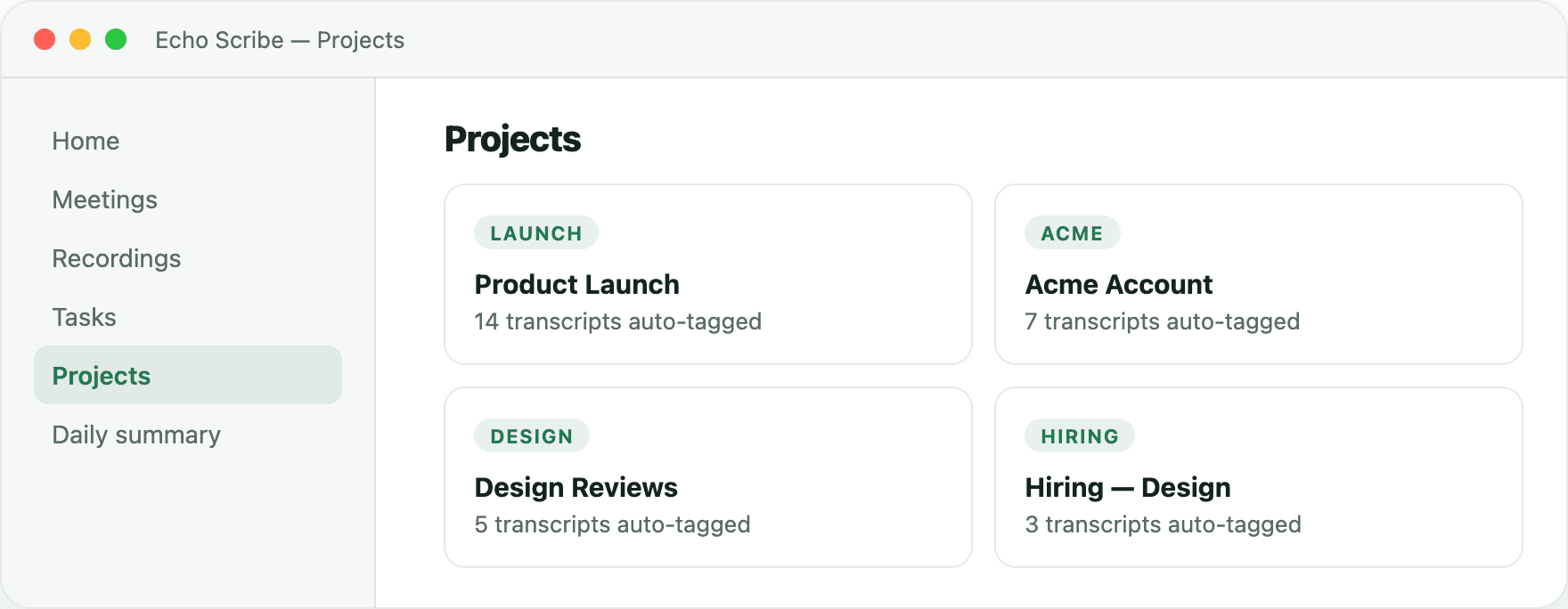 Echo Scribe projects view with tasks grouped by project