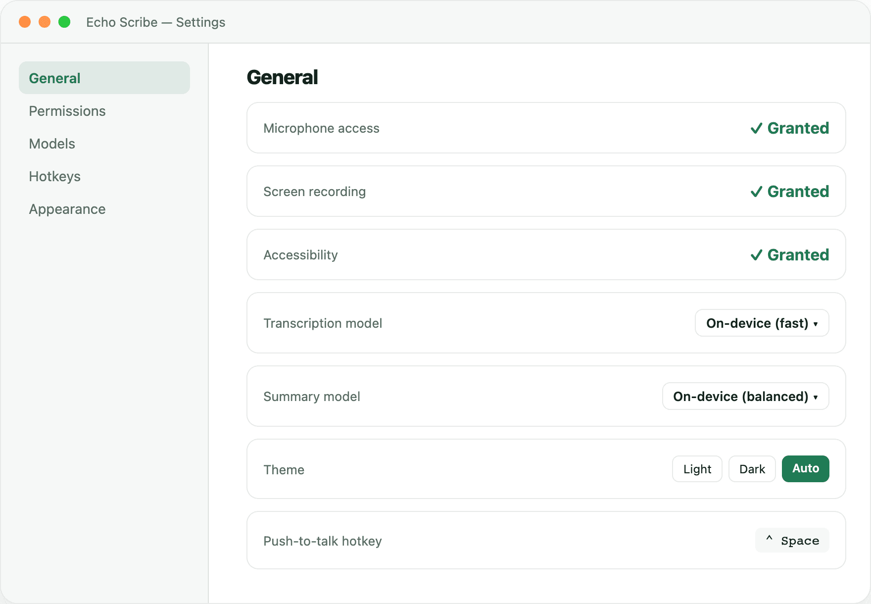 Echo Scribe settings showing local model and permissions
