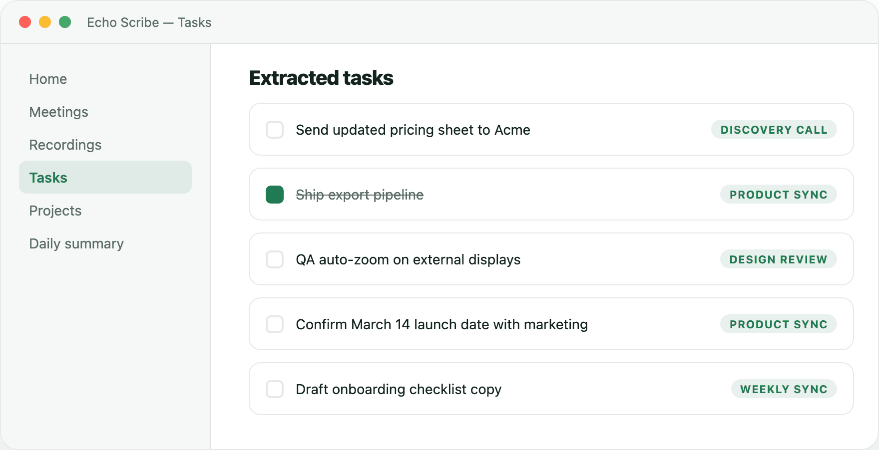 Echo Scribe tasks view with action items grouped by project